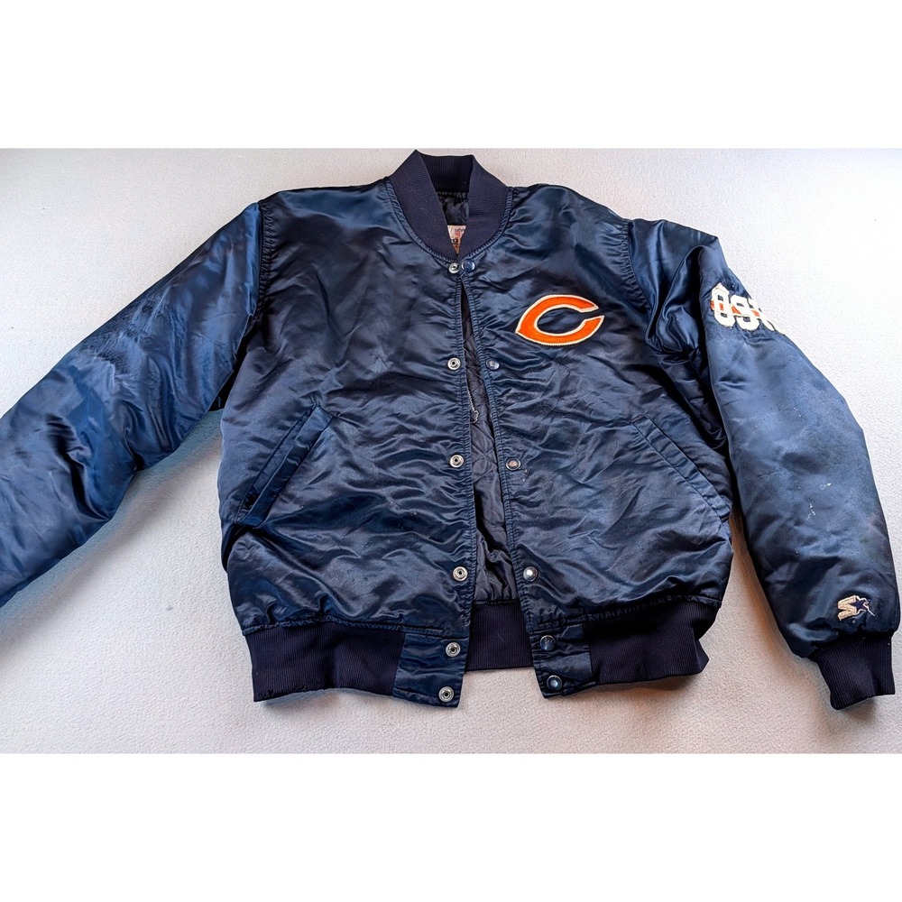 Vintage Starter Chicago Bears Satin Bomber Jacket Navy Blue NFL 89 Patch Mens L